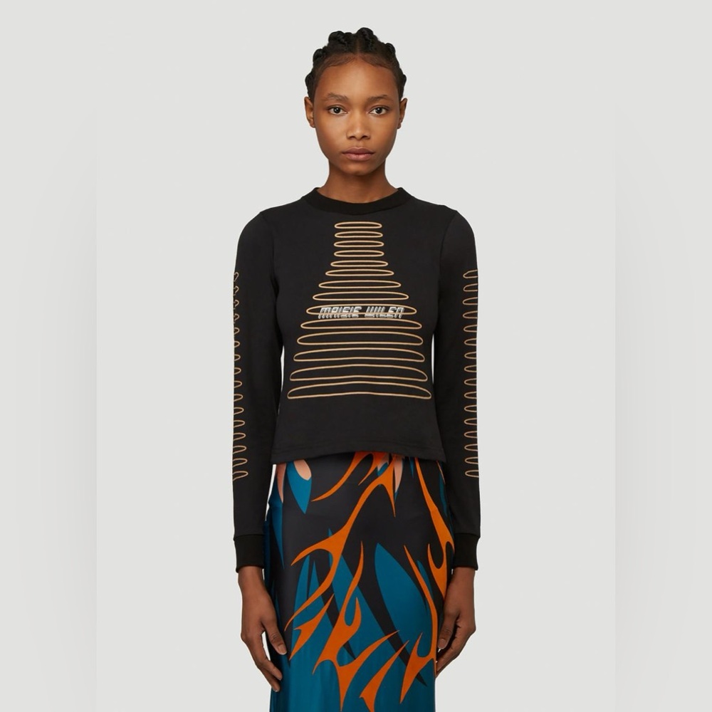 MAISIE WILEN Black Long-Sleeve Flocked Texture Logo Graphic Tee M
